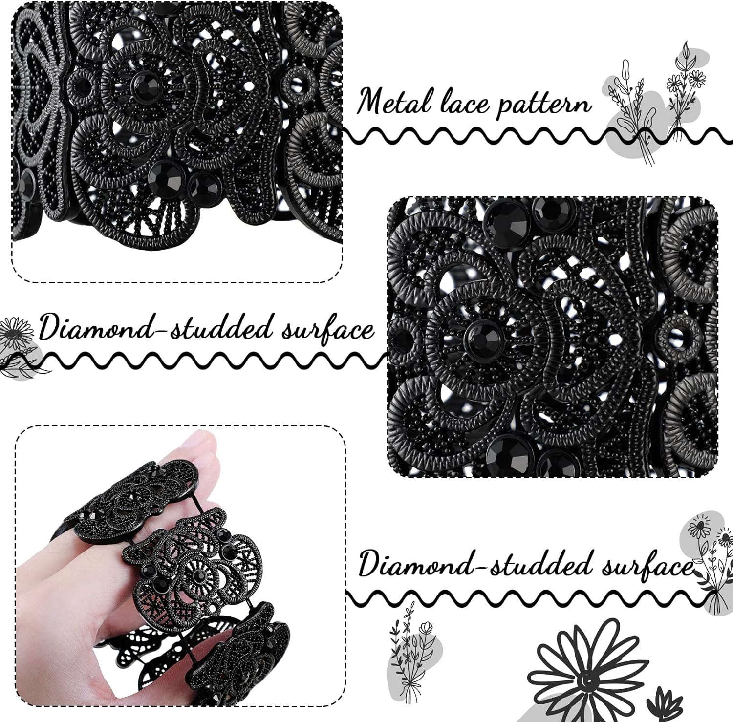 2 Pieces Black Bracelet for Women Gothic Vintage Filigree Jewelry Ladies Cuff Bracelets Bohemian Lace Bracelet Lace Cuff Bangle Wide Stretch Rhinestone Statement